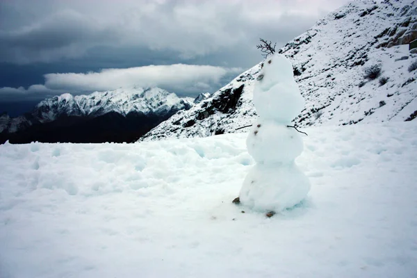 Милый Снеговик Вершине Белой Снежной Горы Зимним Пейзажем — стоковое фото