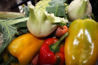 Güzel renkli sağlıklı sebzeler, kırmızı ve sarı biber, yeşil çiğ lahana ve lahana rezene sepsiyonu.
