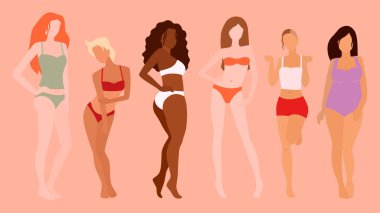 Bir grup güzel kadın. Vücut pozitifliği. Feminizm, çeşitlilik, ırk eşitliği vektörü düz çizim.