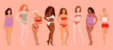 Bir grup güzel kadın. Vücut pozitifliği. Feminizm, çeşitlilik, ırk eşitliği vektörü düz çizim.
