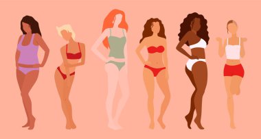 Bir grup güzel kadın. Vücut pozitifliği. Feminizm, çeşitlilik, ırk eşitliği vektörü düz çizim.