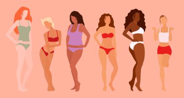 Bir grup güzel kadın. Vücut pozitifliği. Feminizm, çeşitlilik, ırk eşitliği vektörü düz çizim.