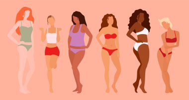 Bir grup güzel kadın. Vücut pozitifliği. Feminizm, çeşitlilik, ırk eşitliği vektörü düz çizim.