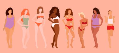 Bir grup güzel kadın. Vücut pozitifliği. Feminizm, çeşitlilik, ırk eşitliği çizimi.