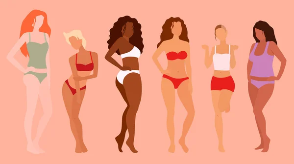 Μια Ομάδα Όμορφων Γυναικών Θετική Για Σώμα Φεμινισμός Ποικιλομορφία Απεικόνιση — Διανυσματικό Αρχείο