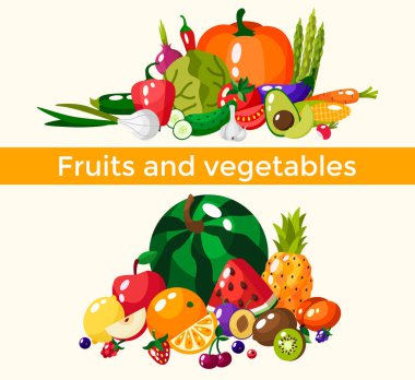 Taze sağlıklı sebze, meyve ve çilek izole kümesi. Meyve ve sebze dilimleri. Düz tasarım. Organik tarım illüstrasyon. Sağlıklı yaşam vektör tasarım öğeleri. 