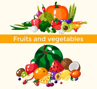 Taze sağlıklı sebze, meyve ve çilek izole kümesi. Meyve ve sebze dilimleri. Düz tasarım. Organik tarım illüstrasyon. Sağlıklı yaşam vektör tasarım öğeleri.