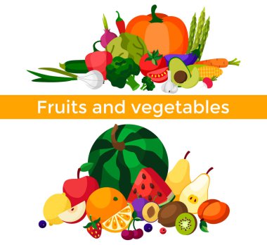 Taze sağlıklı sebze, meyve ve çilek izole kümesi. Meyve ve sebze dilimleri. Düz tasarım. Organik tarım illüstrasyon. Sağlıklı yaşam vektör tasarım öğeleri.