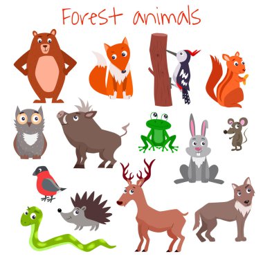 Bir sürü çizgi film karakteri orman hayvanı. Vektör düz resimleme