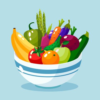 Bir kase dolusu sebze ve meyve vektörü çizimi. 