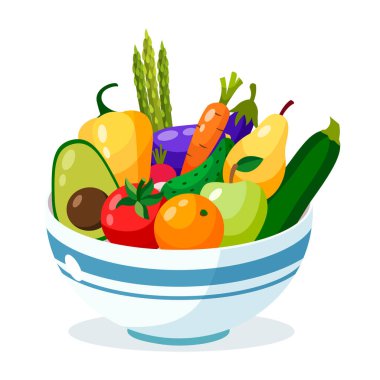 Bir kase dolusu sebze ve meyve vektörü çizimi.