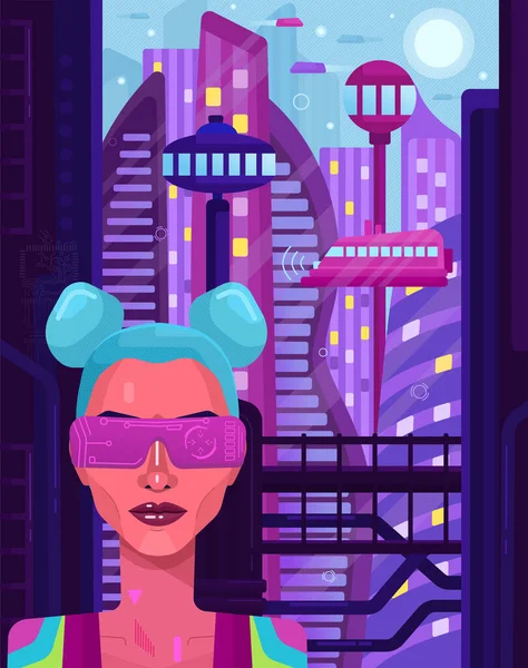 Chica Cyberpunk Realidad Virtual Ilustración Vectorial — Vector de stock