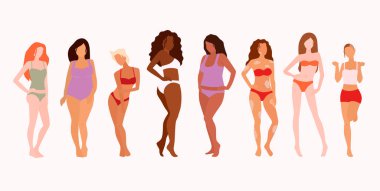 Bir grup güzel kadın. Vücut pozitifliği. Feminizm, çeşitlilik, ırk eşitliği çizimi.