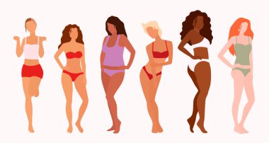 Bir grup güzel kadın. Vücut pozitifliği. Feminizm, çeşitlilik, ırk eşitliği çizimi.