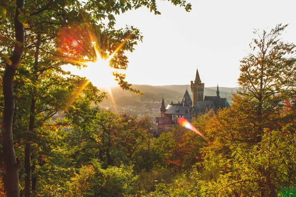 Almanya 'daki Harz Dağları Ulusal Parkı' nda günbatımında Wernigerode Şatosu