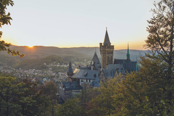 Wernigerode Castle during sunset at Harz Mountains National Park, Germany