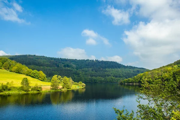 Almanya 'daki Eifel Ulusal Parkı' nda. Rursee Gölü manzarası ve Kuzey Ren-Vestfalya 'daki yeşil tepeler