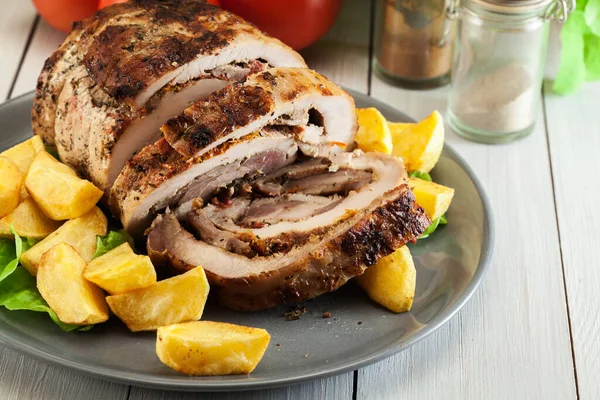 Roasted Pork Roll Stuffed Other Meat Dried Tomatoes Served Fried — Stock Photo, Image