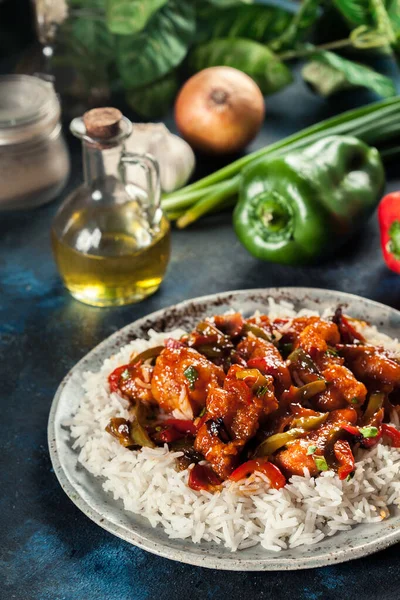 Sweet Sour Chicken Colorful Bell Pepper Rice Chinese Dish — Stock Photo, Image