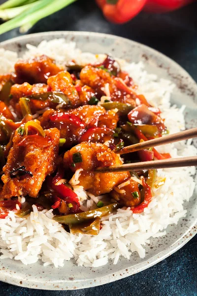 Sweet Sour Chicken Colorful Bell Pepper Rice Chinese Dish — Stock Photo, Image