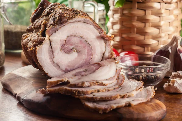Baked Pork Belly Roulade Sliced Bacon Rolls Stock Picture
