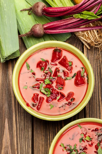 Beetroot soup with fresh vegetables in a bowl — Stock Photo, Image