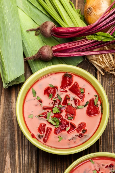 Буряковий суп зі свіжими овочами в мисці — стокове фото