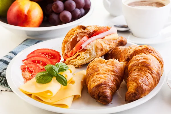 Breakfast witch croissant, cheese and hot coffee — Stock Photo, Image