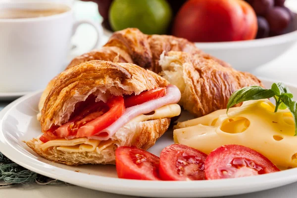 Breakfast witch croissant, cheese and hot coffee — Stock Photo, Image