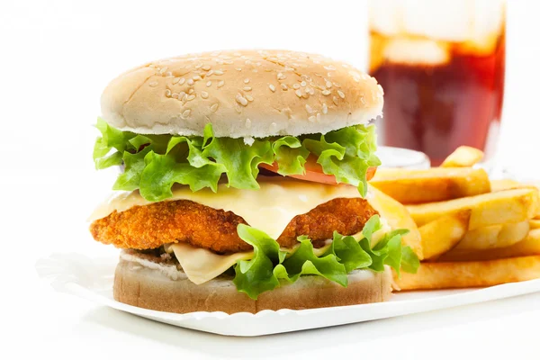 Chickenburger and glass of cola with ice — Stock Photo, Image