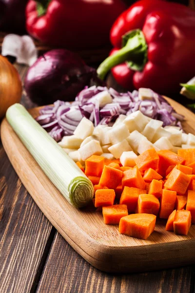 Chopped vegetables: carrots, parsley and onion — Stock Photo, Image