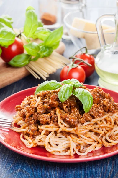 Spaghetti bolognese med ost och basilika — Stockfoto