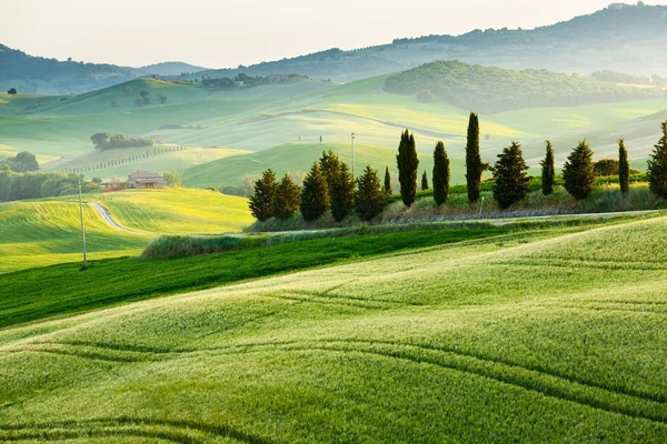 Puesta de sol sobre un paisaje primaveral de campos de Toscana, Italia — Foto de Stock
