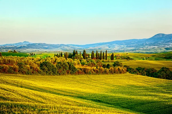 Puesta de sol sobre un paisaje primaveral de campos de Toscana, Italia — Foto de Stock