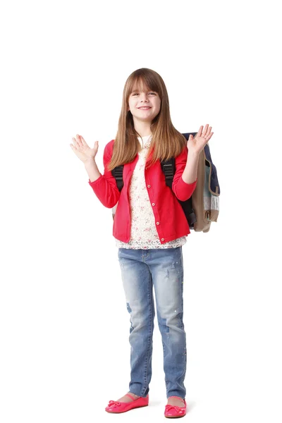 Školačka stojící s batohem — Stock fotografie