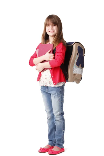 Menina pré-escolar com mochila sorrindo — Fotografia de Stock