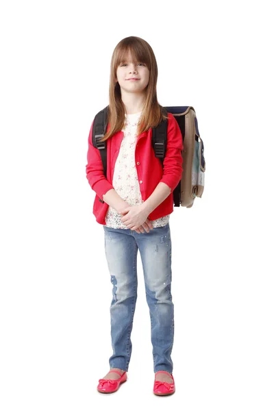 Vorschulmädchen mit Rucksack lächelt — Stockfoto