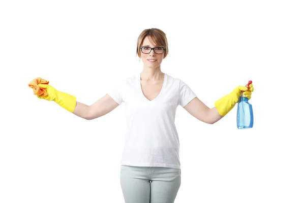 Kvinna anläggning rengöringsmedel — Stockfoto