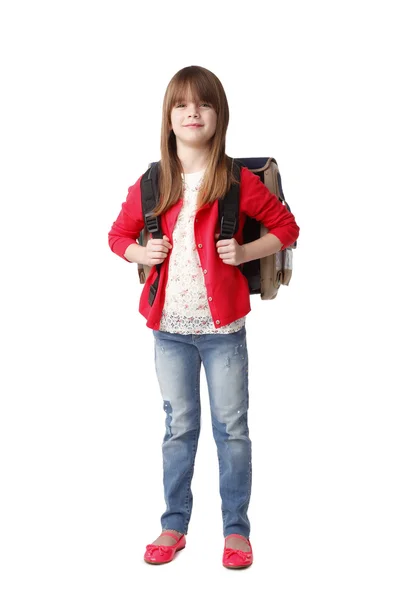 Flicka med ryggsäck leende — Stockfoto