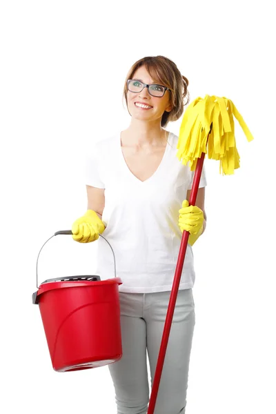 Vrouw met mop en emmer — Stockfoto