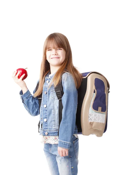 Colegiala sosteniendo manzana roja — Foto de Stock