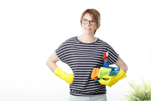 A empregada está pronta para a limpeza — Fotografia de Stock