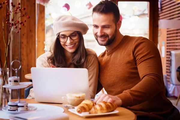 Shot Happy Young Couple Sitting Cafe Using Laptop Together — Stock Photo, Image