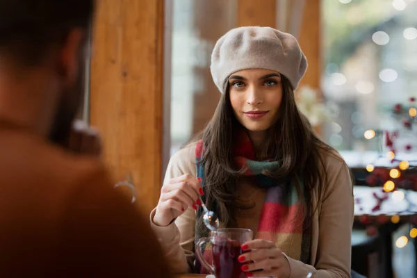 Portrait Shot Beautiful Woman Wearing Hat Scarf While Sitting Table — Stock Photo, Image