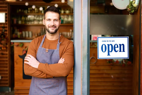 Portrait Smiling Owner Man Standing His Cafe Door Open Signboard — Stock Photo, Image