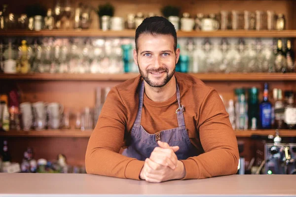 Ritratto Bel Cameriere Grembiule Sorridente Piedi Dietro Bancone Nel Caffè — Foto Stock