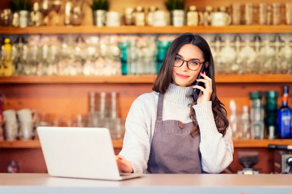 Shot Happy Female Coffee Shop Owner Standing Coffee Shop Working — Stock Photo, Image