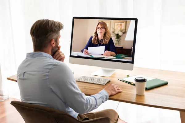 Rear View Shot Businessman Sitting His Laptop Having Discussion Online — Stok Foto