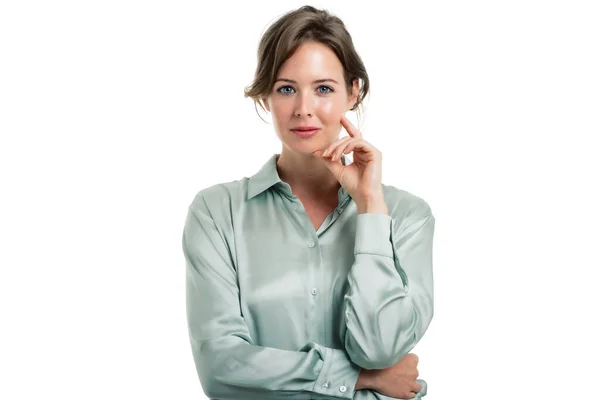 Retrato Estúdio Mulher Negócios Atraente Fundo Branco Isolado Espaço Cópia — Fotografia de Stock