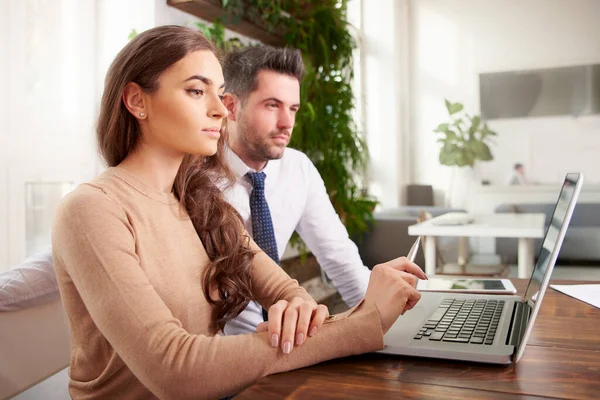 Shot Young Businesswoman Professional Financial Assistant Businessman Working Together Laptop — Stock Photo, Image